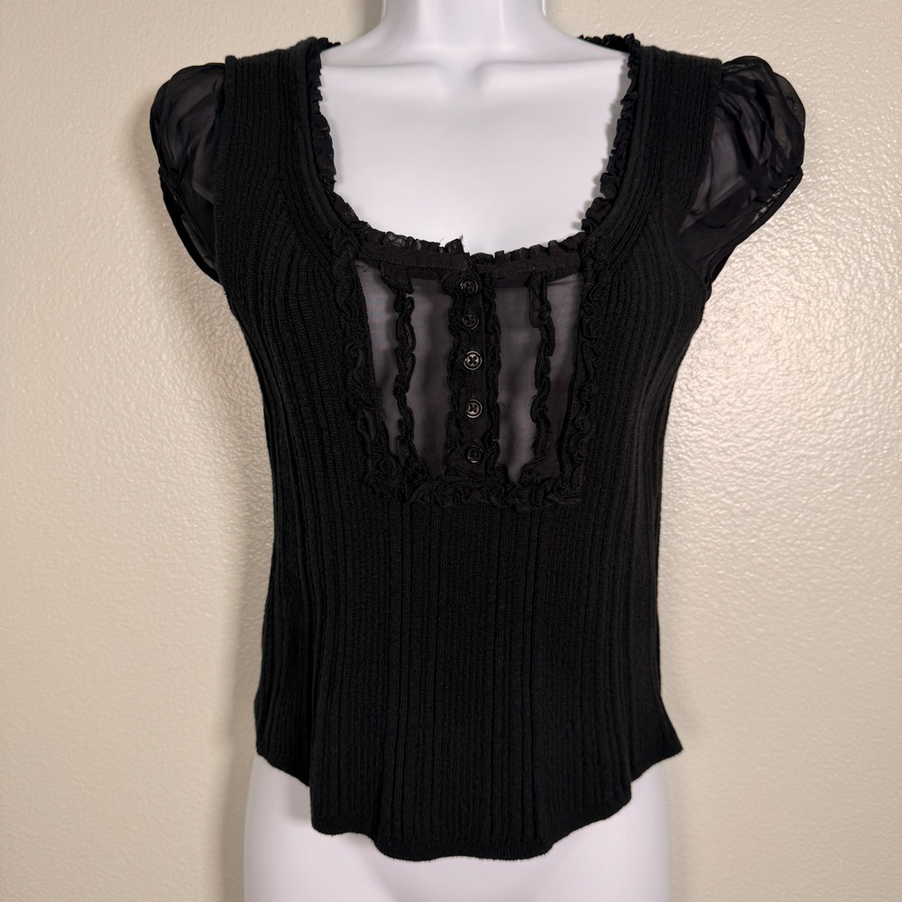 Maeve Anthropologie Black Ribbed Cotton Wool Ruffle Sheer Sleeve Top Size M